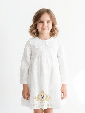 NWT Pretty Girls Eyelet Embroidered Lace Bib Collar Long Sleeve Dress White 7Y